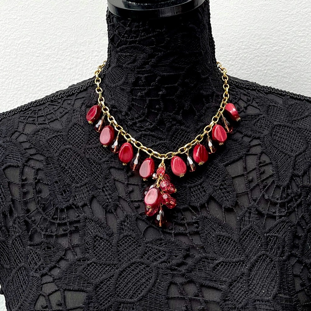 Laila Rowe burgundy red maroon beads statement necklace